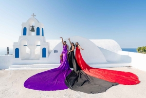 Sessão fotográfica com vestidos voadores em grupo - Santorini