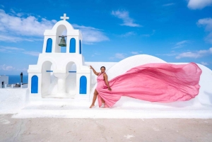 Sessão fotográfica com vestidos voadores em grupo - Santorini
