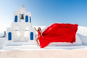 Sessão fotográfica com vestidos voadores em grupo - Santorini