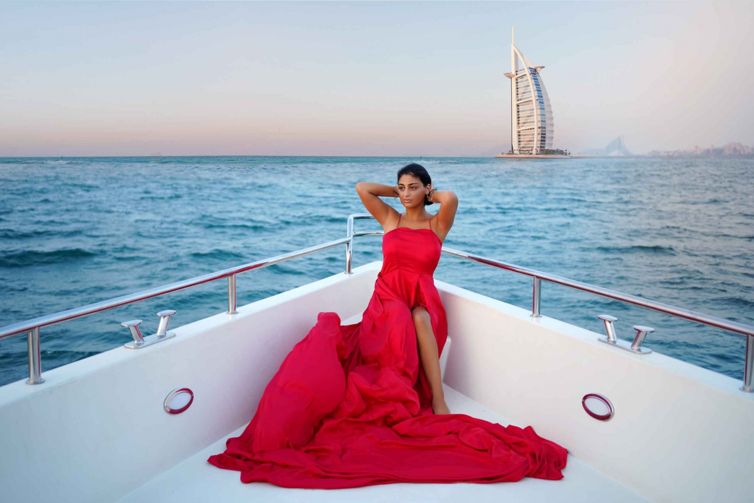 Private Dubai Marina Yacht Flying Dress Photo Shooting in Dubai