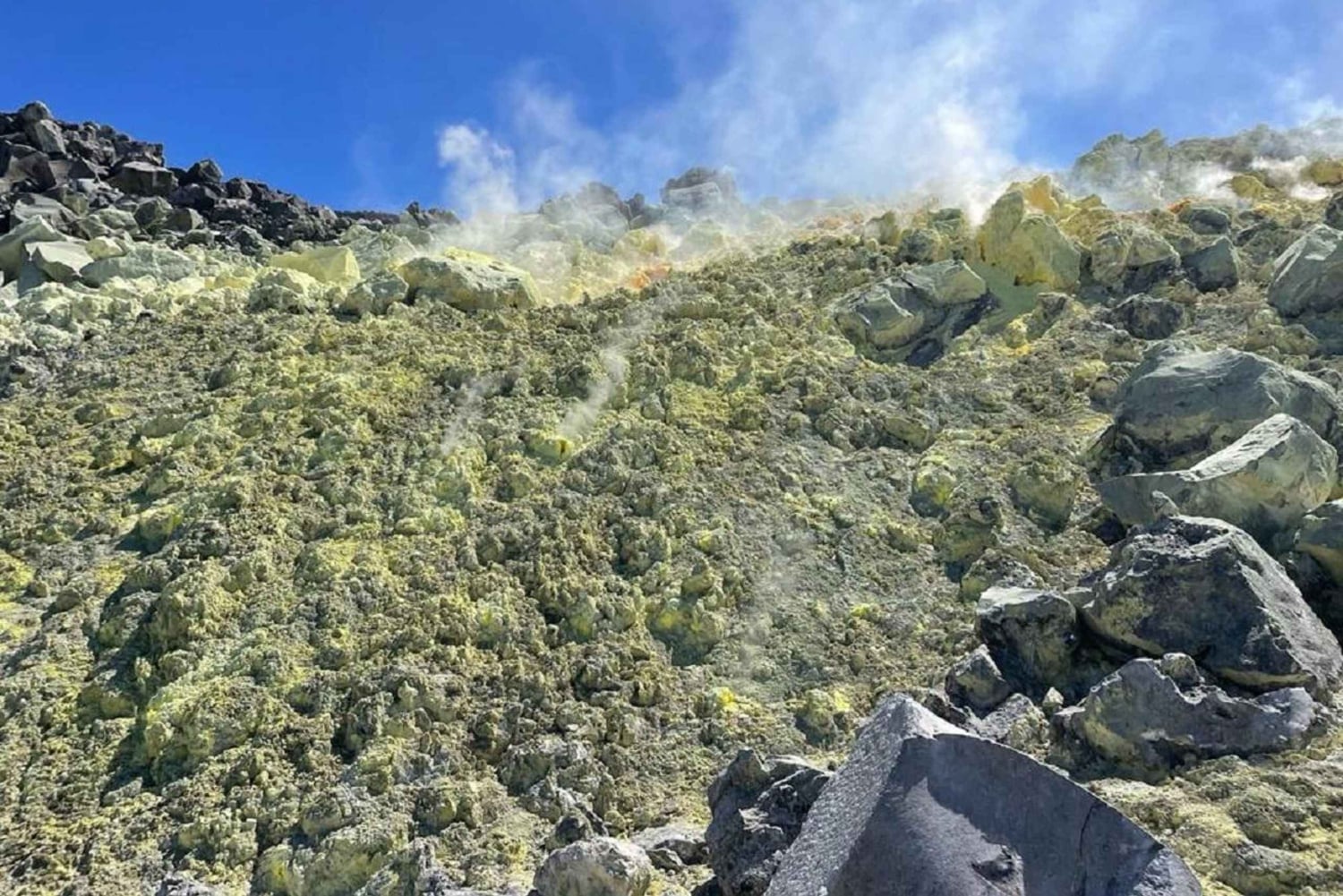 硫黄噴気孔の光景: 火山探検隊の内部