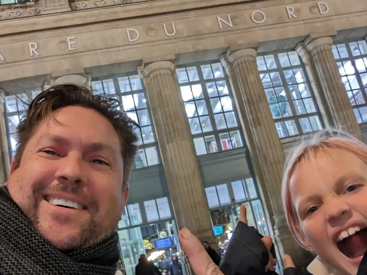 Mark and his daughter outside Gare du Nord, Paris