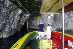 Puesta de sol: Laguna Azul, Laguna Cristalina, lancha privada en Malta.