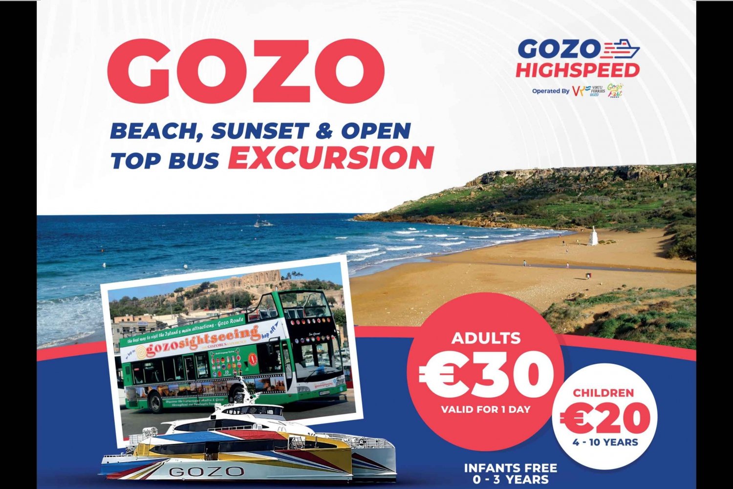 Explore Gozo - Highspeed Catamaran + Beach, Sunset&HOHO tour