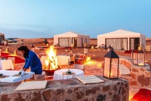 excursion dans le désert d'agafay, coucher de soleil à dos de chameau avec dîner-spectacle