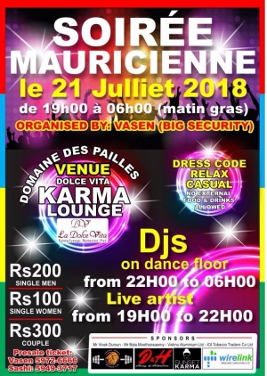 Soiree Mauricienne Sat21July 18 Karma Lounge Domaine Les Pailles