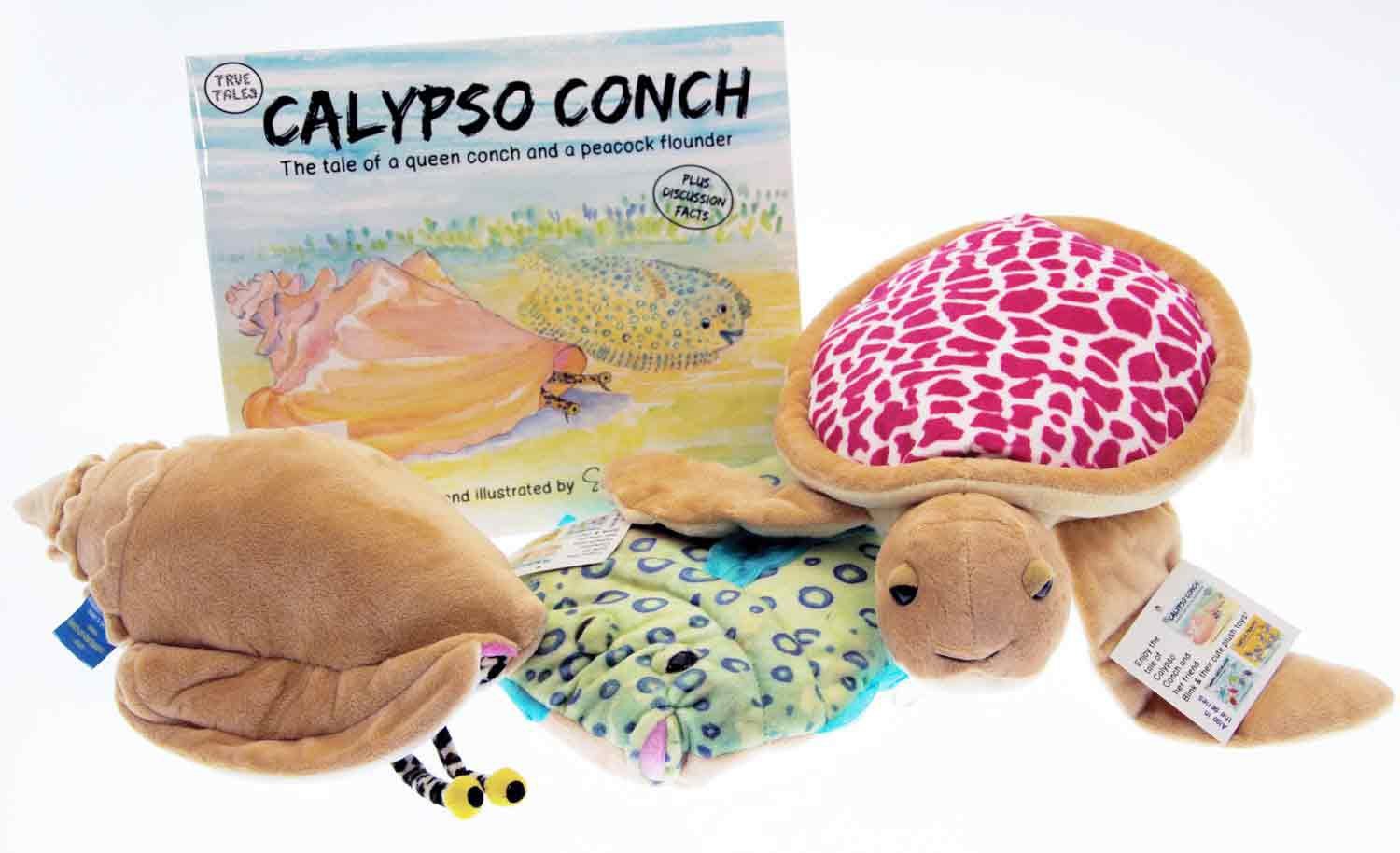 Calypso conch book with a conch shell plush toy and pink turtle plushy