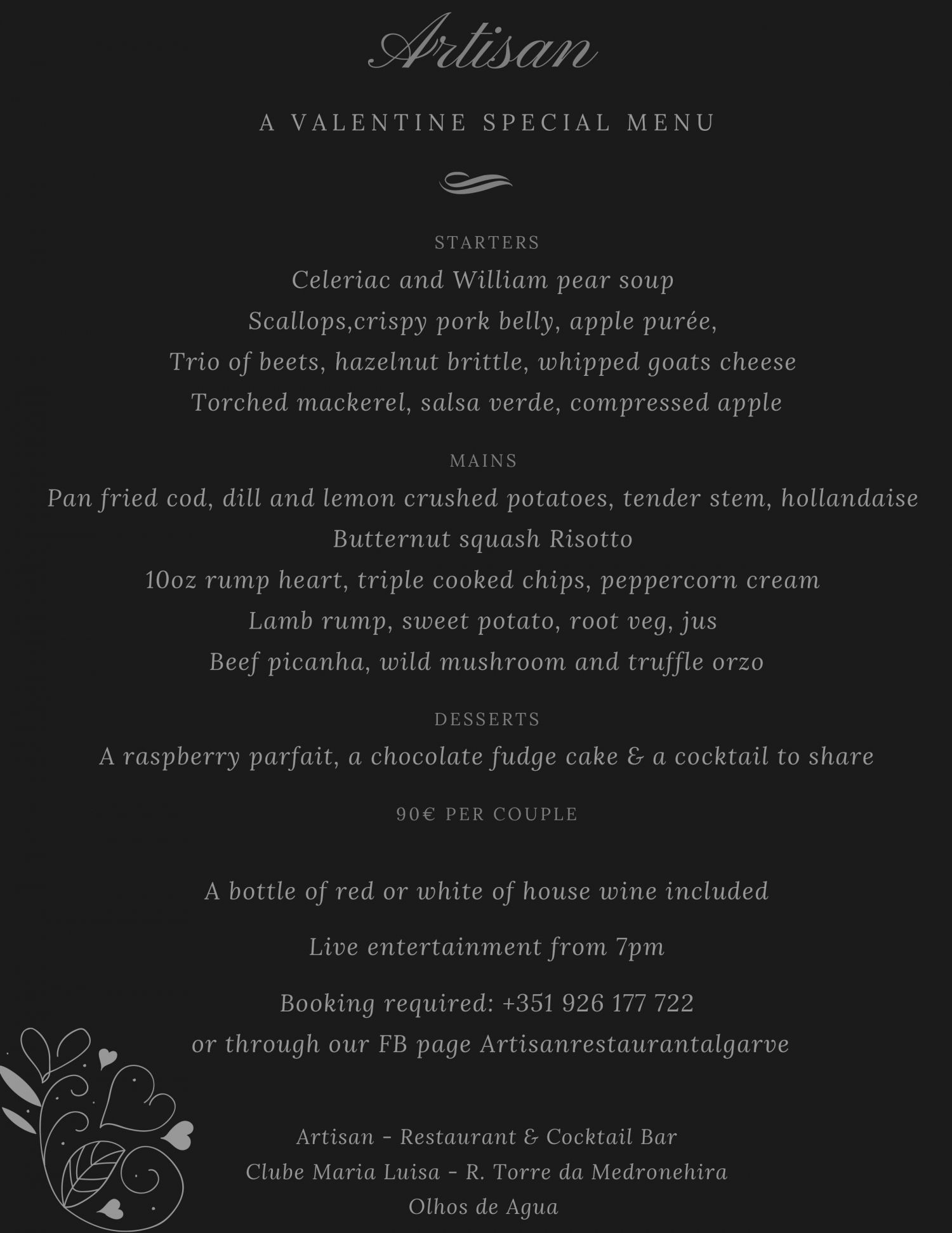 Artisan Valentine’s Day Menu