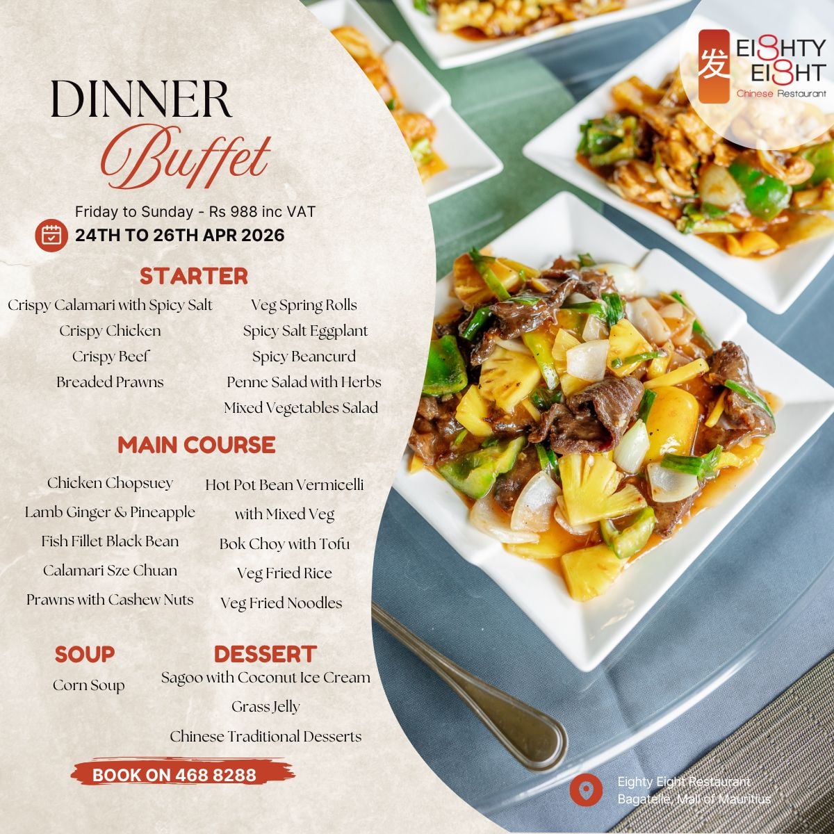 Buffet de Jantar no Eighty Eight