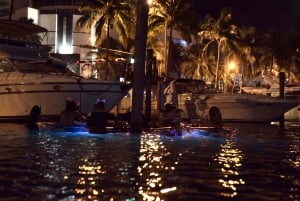 Kayaks transparentes iluminados de noche con champán en Miami Beach