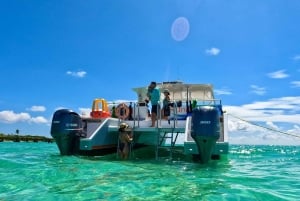 Icacos: Double Dip Power Catamaran Snorkling og strandtur