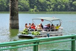 Boat taking passengers and supplies to restaurant on Dos Bocas Lake