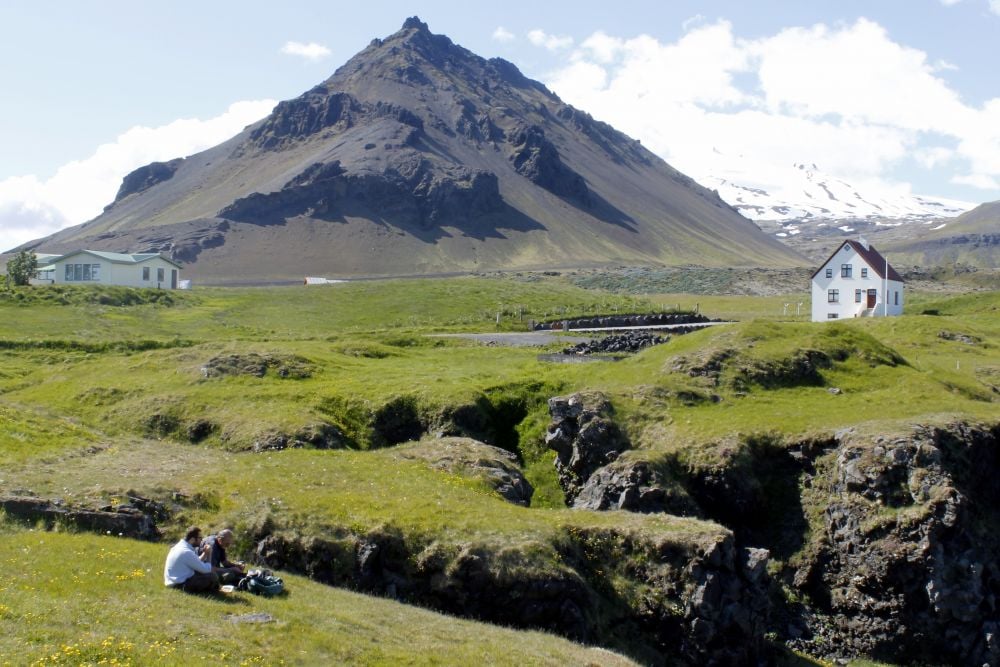 Arnarstapi, in SnÃ¦fellsnes, is a wondrous place surrounded by strange rock formations