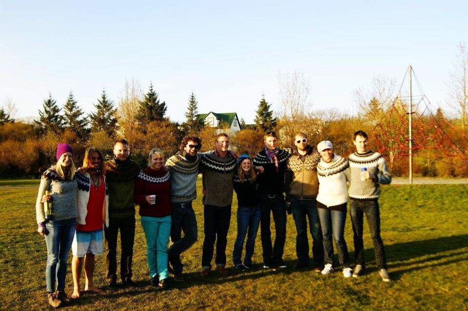 Steven in a group of good friends all wearing their Icelandic wool lopapeysa sweaters