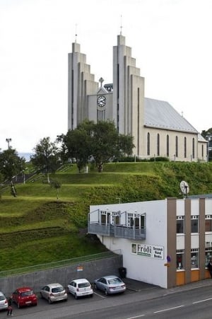 Akureyri Church on a hill from a distance
