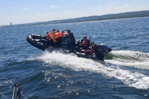 Speed boat at the end of the pier in Sopot. Speed 100 km/h