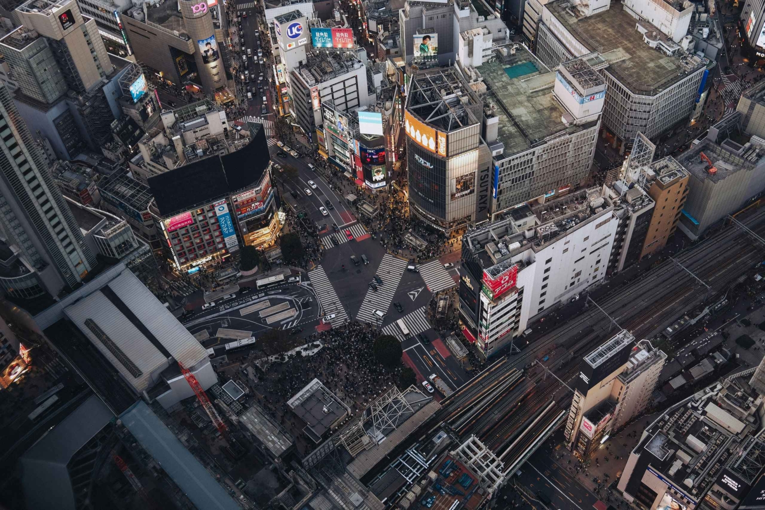 Tokyo: Shibuya-byvandring om aftenen med udsigt over byen fra tagterrassen
