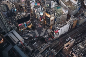 Tokyo: Shibuya-byvandring om aftenen med udsigt over byen fra tagterrassen