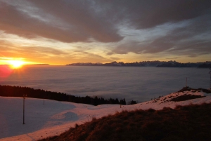 Sunset and night winter hike between Dolomites and Venice