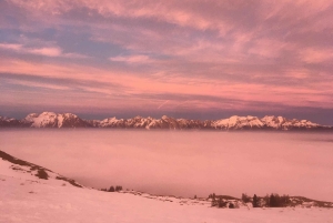 Sunset and night winter hike between Dolomites and Venice