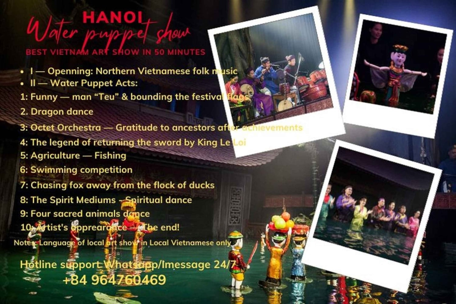 Hanoi: Ticket de entrada para el Espectáculo de Marionetas Acuáticas con añadido de entrega en hotel
