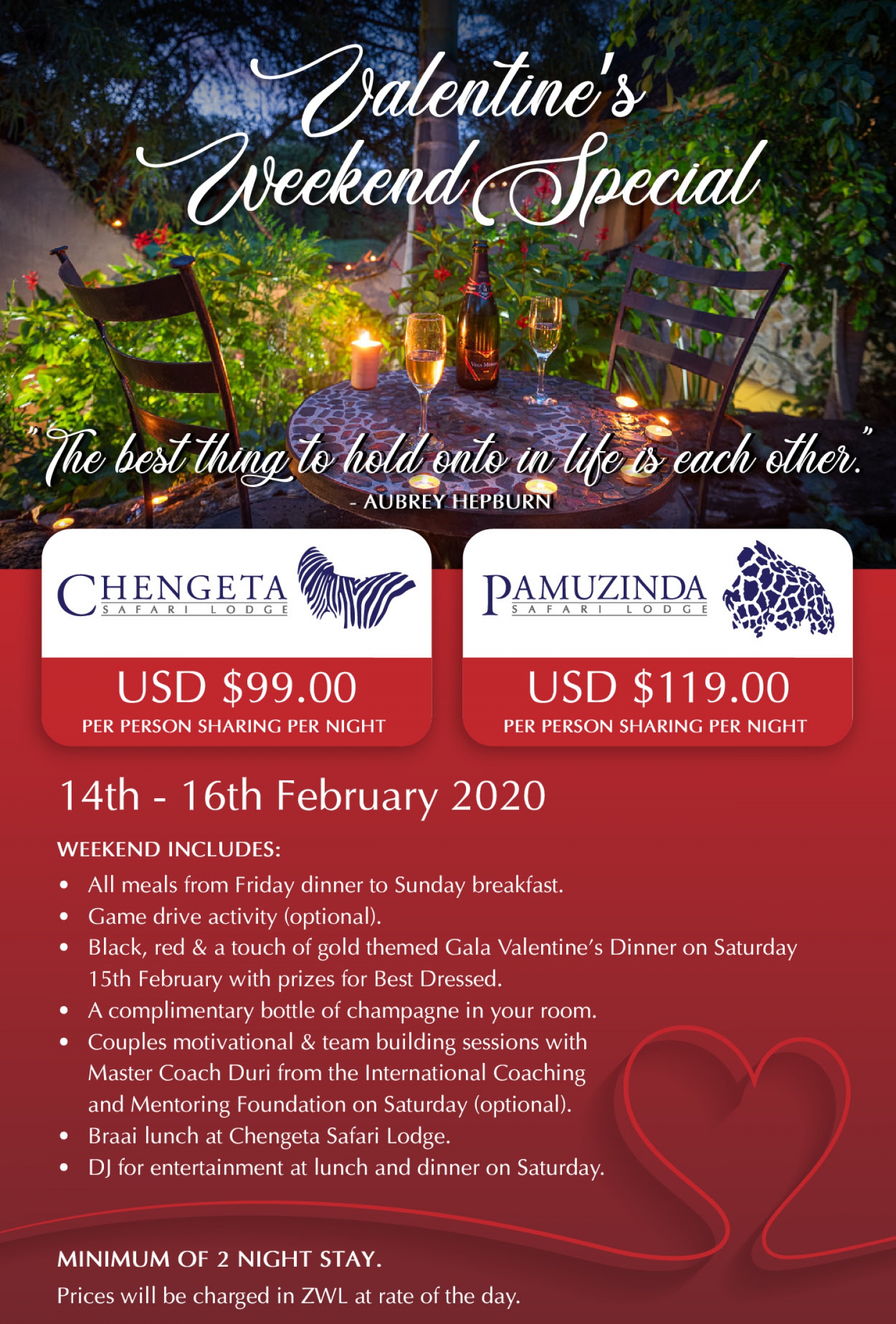 Valentines  Weekend at Pamuzinda & Chengeta Safari Lodges